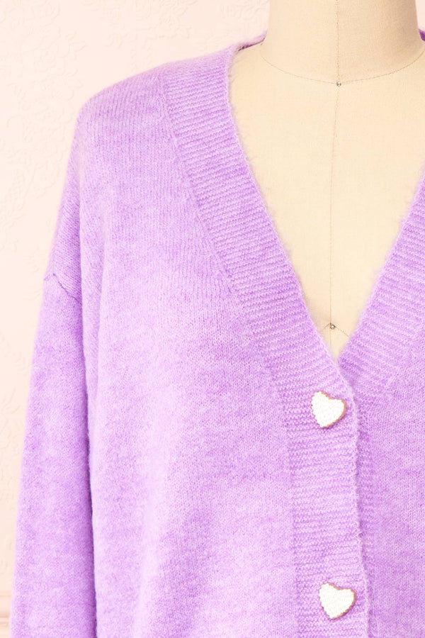 Elarisse Lilac Knit Cardigan w/ Heart Buttons | Boutique 1861