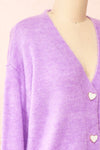 Elarisse Lilac Knit Cardigan w/ Heart Buttons | Boutique 1861  side close-up