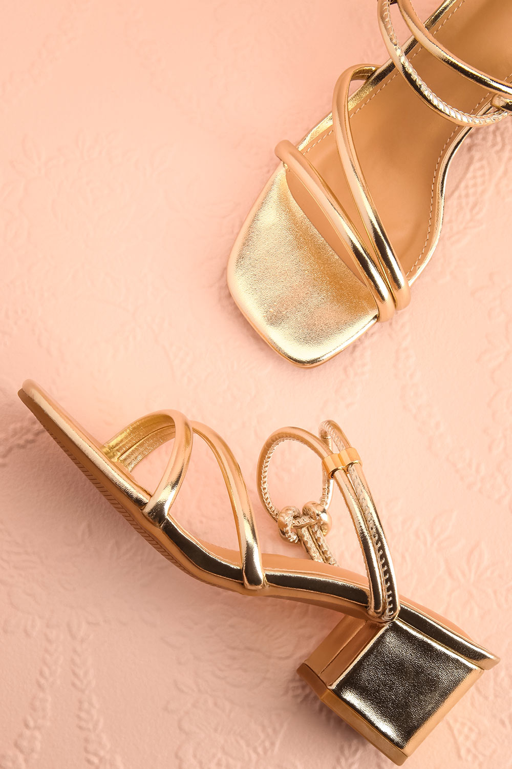 Elayna Gold Block Heel Sandals with Knot on Inner Straps | Boutique 1861 flat lay