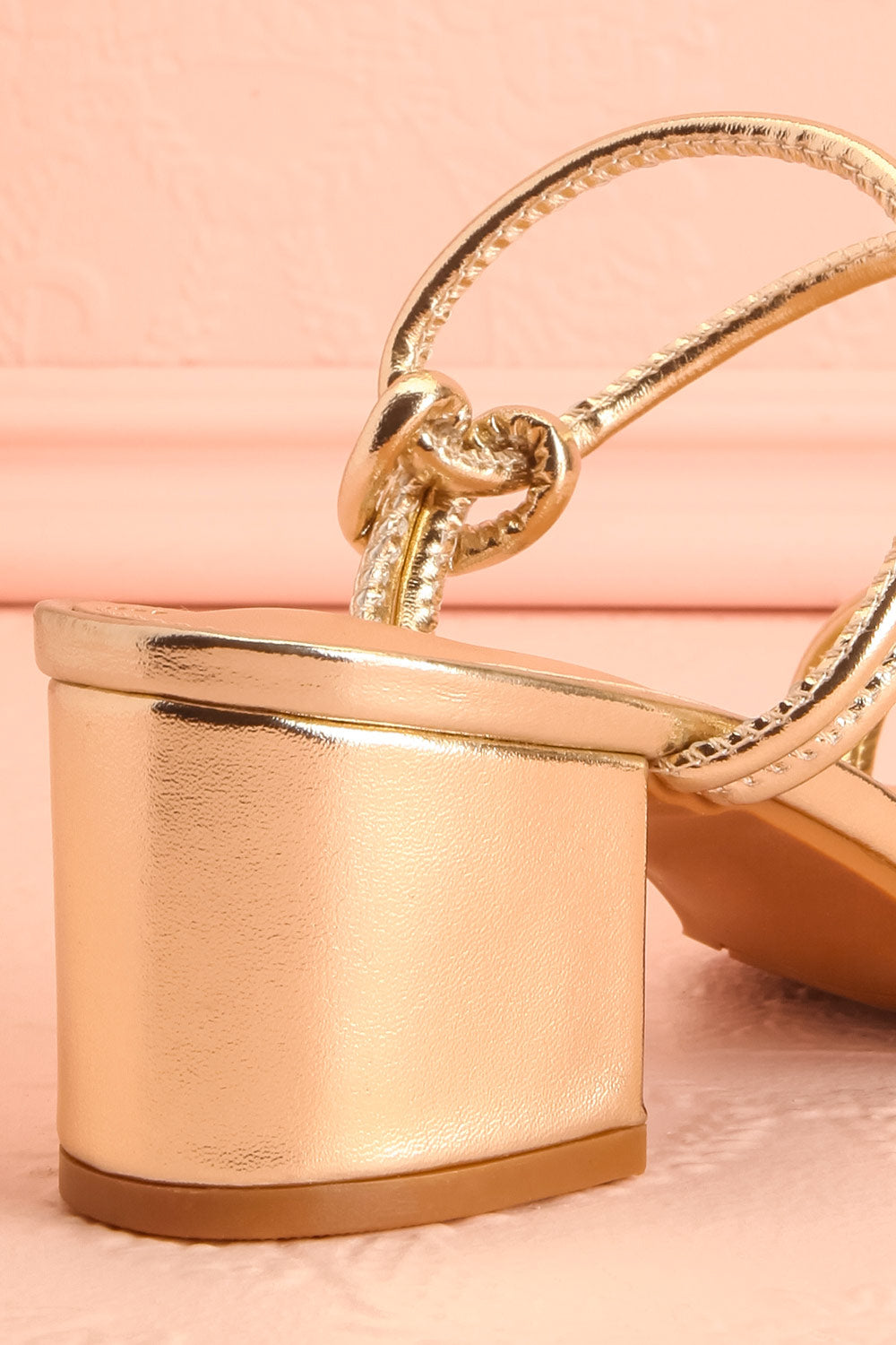 Elayna Gold Block Heel Sandals with Knot on Inner Straps | Boutique 1861 back heel