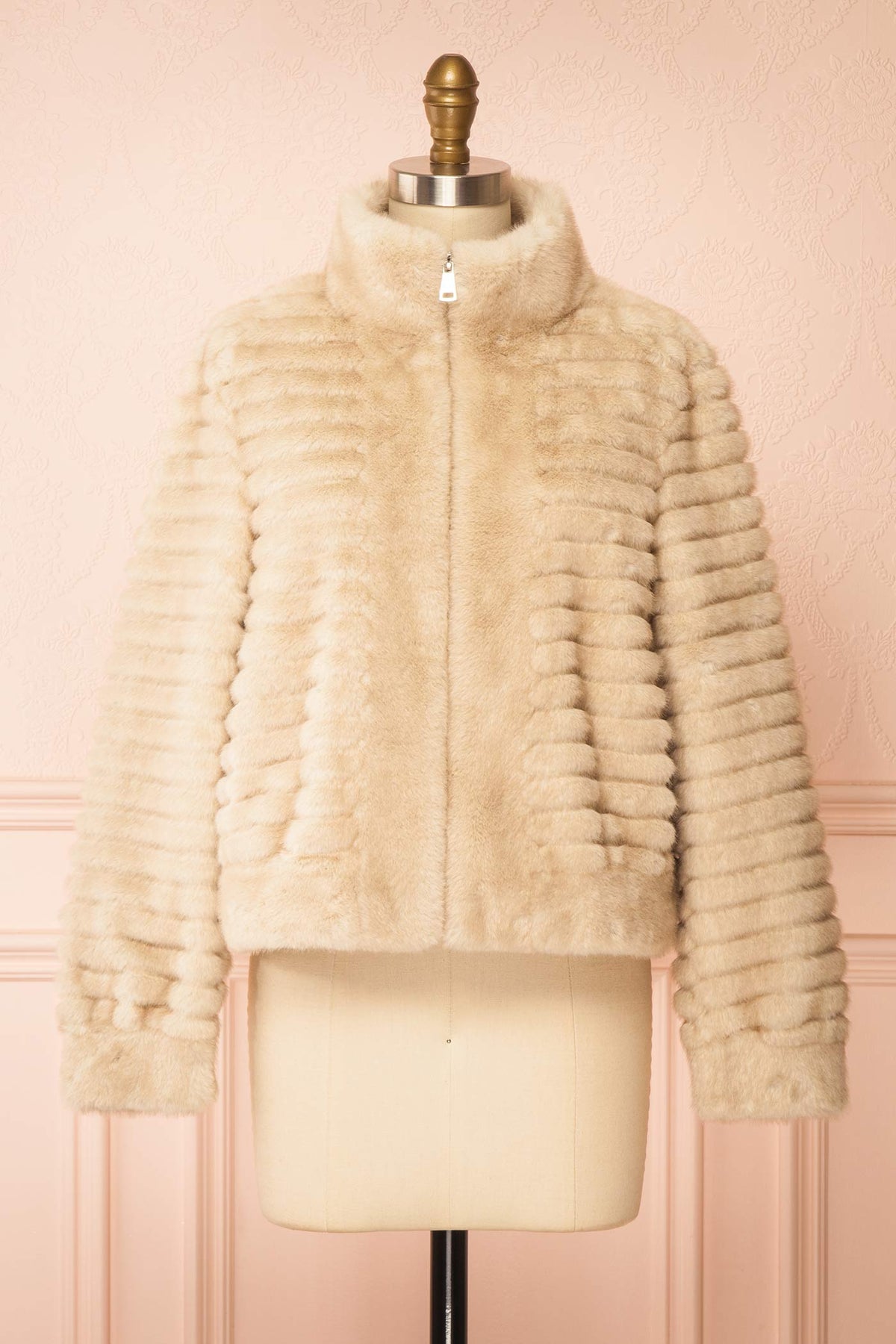 front view of Elbea Ivory Faux-Fur Ribbed Jacket with Pockets at Boutique 1861