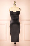 Elderia Black Fitted Satin Midi Dress | Boutique 1861 front view