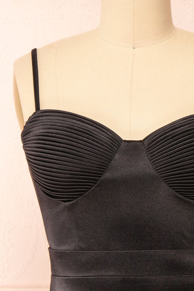 Elderia Black Fitted Satin Midi Dress | Boutique 1861 front close-up