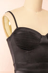 Elderia Black Fitted Satin Midi Dress | Boutique 1861 side  close-up