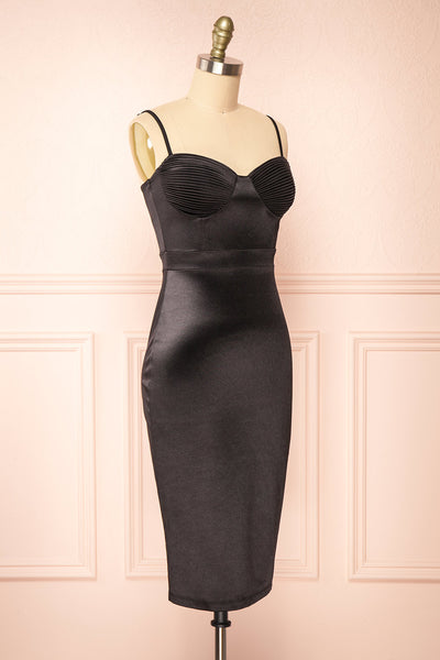 Elderia Black Fitted Satin Midi Dress | Boutique 1861 side view