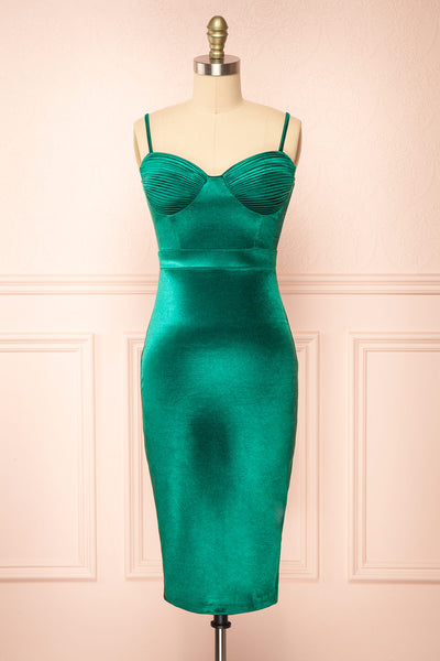 Elderia Green Fitted Satin Midi Dress | Boutique 1861 front view