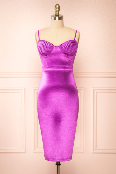 Elderia Purple Fitted Satin Midi Dress | Boutique 1861 front view
