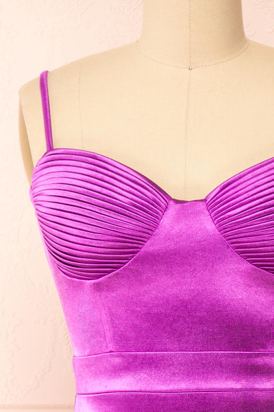 Elderia Purple Fitted Satin Midi Dress | Boutique 1861 front close-up