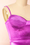 Elderia Purple Fitted Satin Midi Dress | Boutique 1861 side close-up