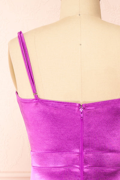 Elderia Purple Fitted Satin Midi Dress | Boutique 1861 back close-up