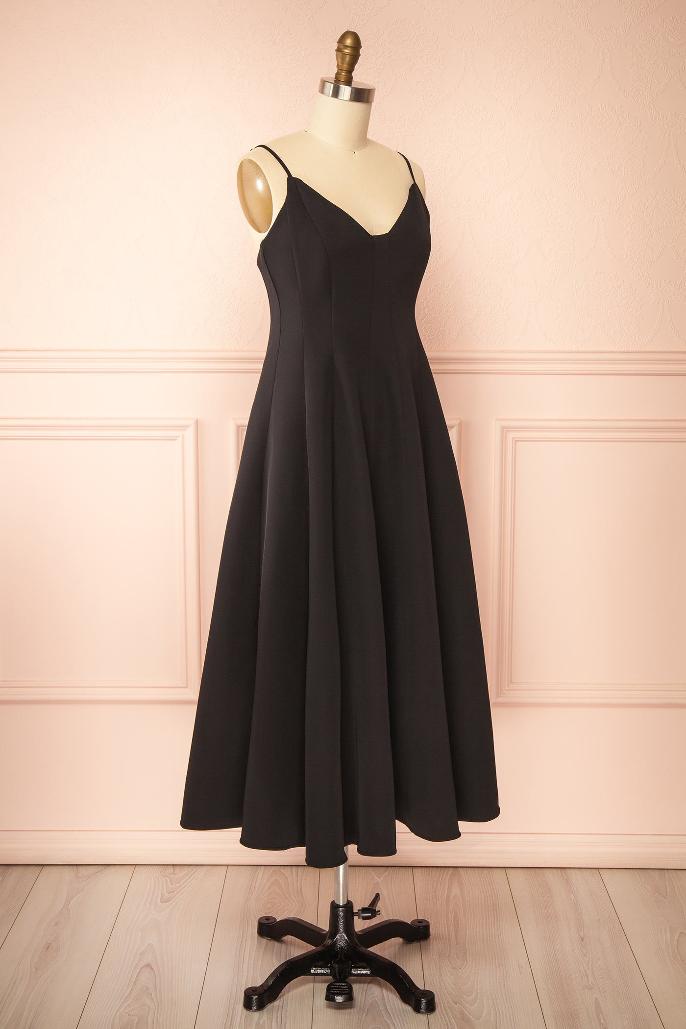 Elektra Black | V-Neck A-Line Midi Dress with Ajustable Strap
