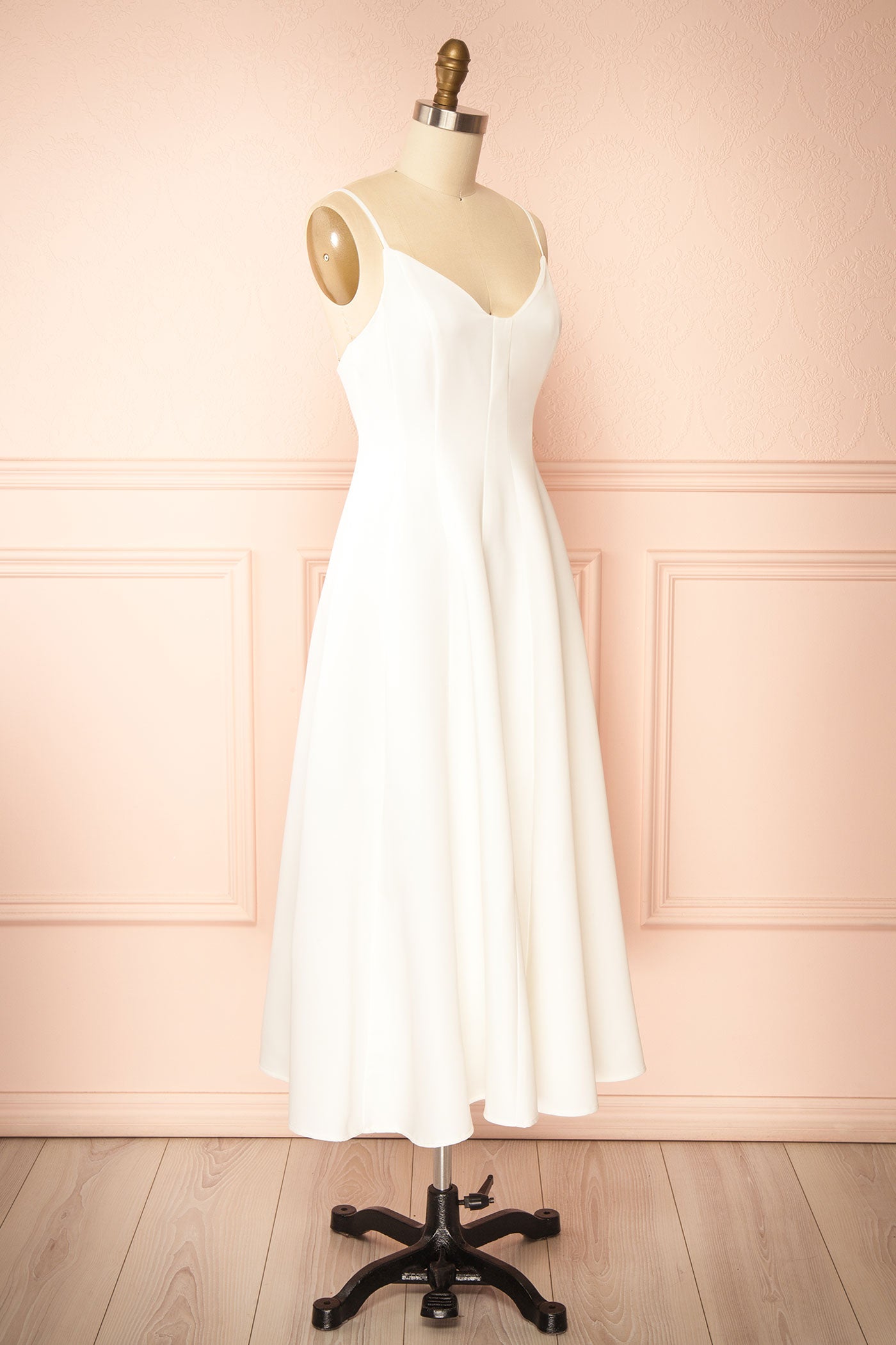 Profile view Elektra Ivory V-Neck A-Line Midi Dress with Ajustable Strap at boutique 1861