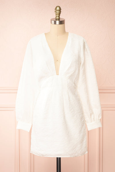 Elestren Short White Jacquard Dress w/ Long Sleeves | Boudoir 1861 front view