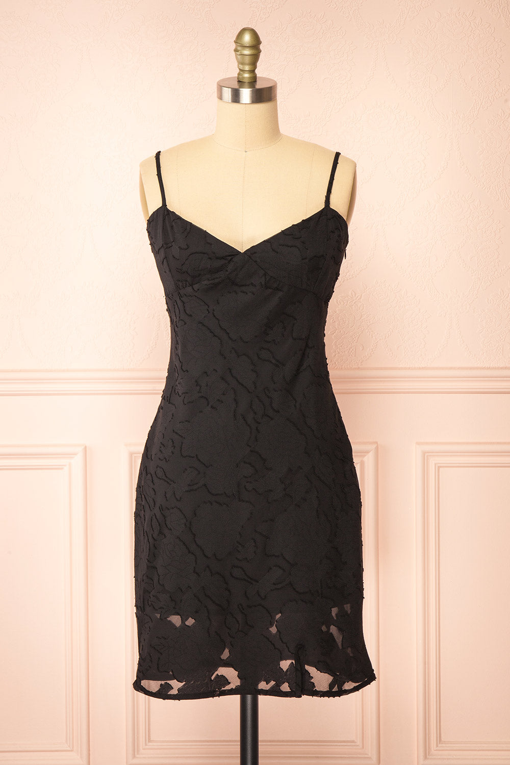 Eliane Black Monochromatic Short Dress w/ Floral Motif | Boutique 1861 front view