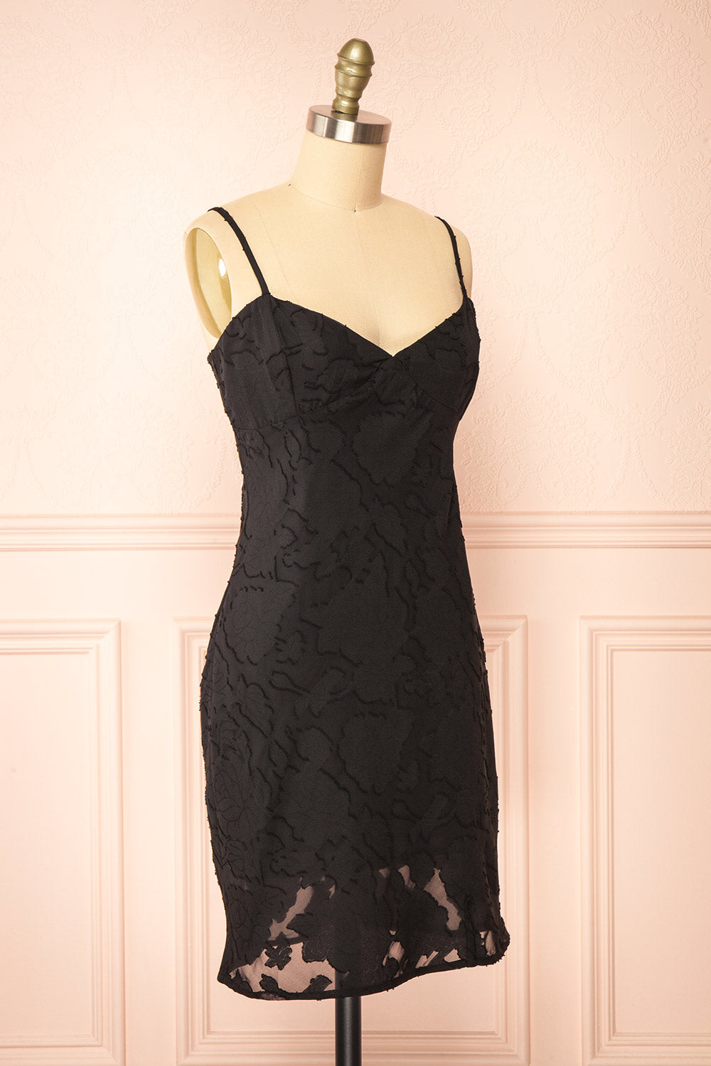 Eliane Black Monochromatic Short Dress w/ Floral Motif | Boutique 1861 side view