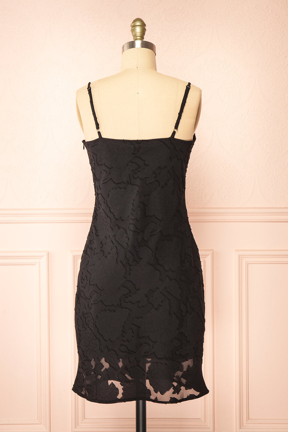 Eliane Black Monochromatic Short Dress w/ Floral Motif | Boutique 1861 back view