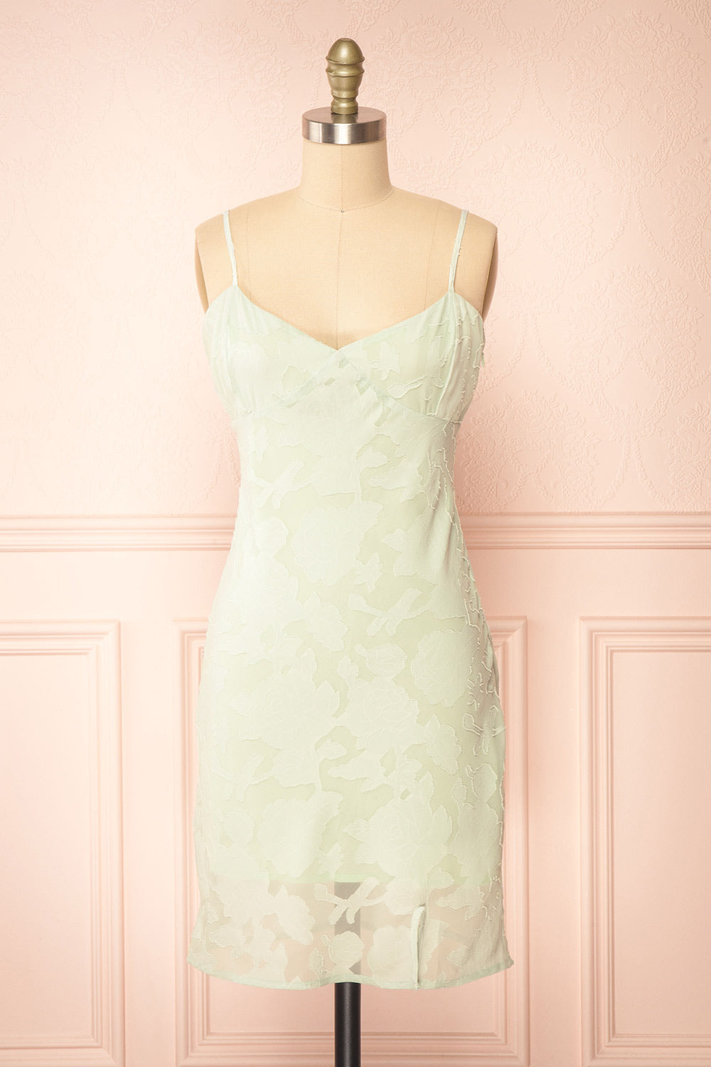 Eliane Mint Monochromatic Short Dress w/ Floral Motif | Boutique 1861 front view