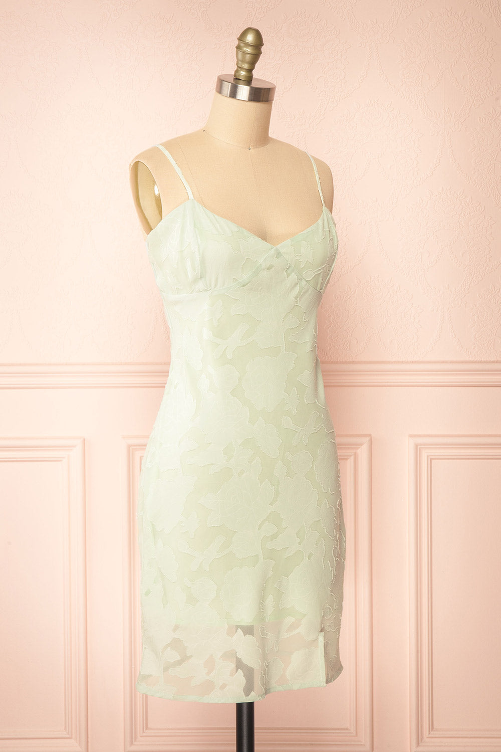 Eliane Mint Monochromatic Short Dress w/ Floral Motif | Boutique 1861 side view
