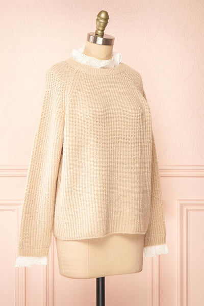 Eliona Beige Knit Sweater w/ Embroidered Openwork Collar | Boutique 1861 side view