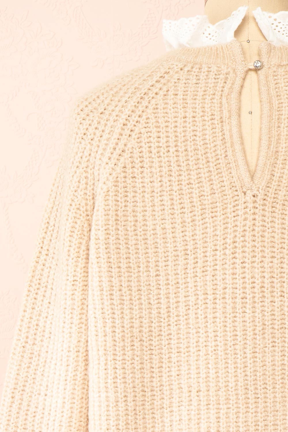 Eliona Beige Knit Sweater w Embroidered Openwork Collar