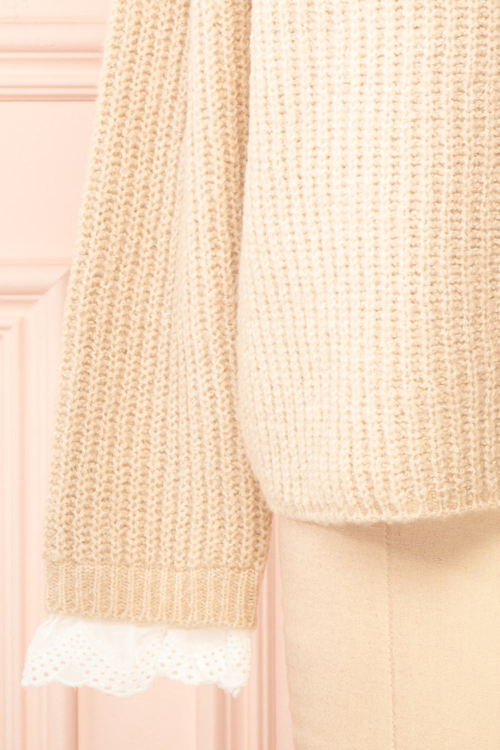 Eliona Beige Knit Sweater w/ Embroidered Openwork Collar | Boutique 1861 sleeve