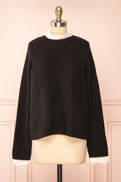 Eliona Black Sweater w/ Embroidered Openwork Collar | view