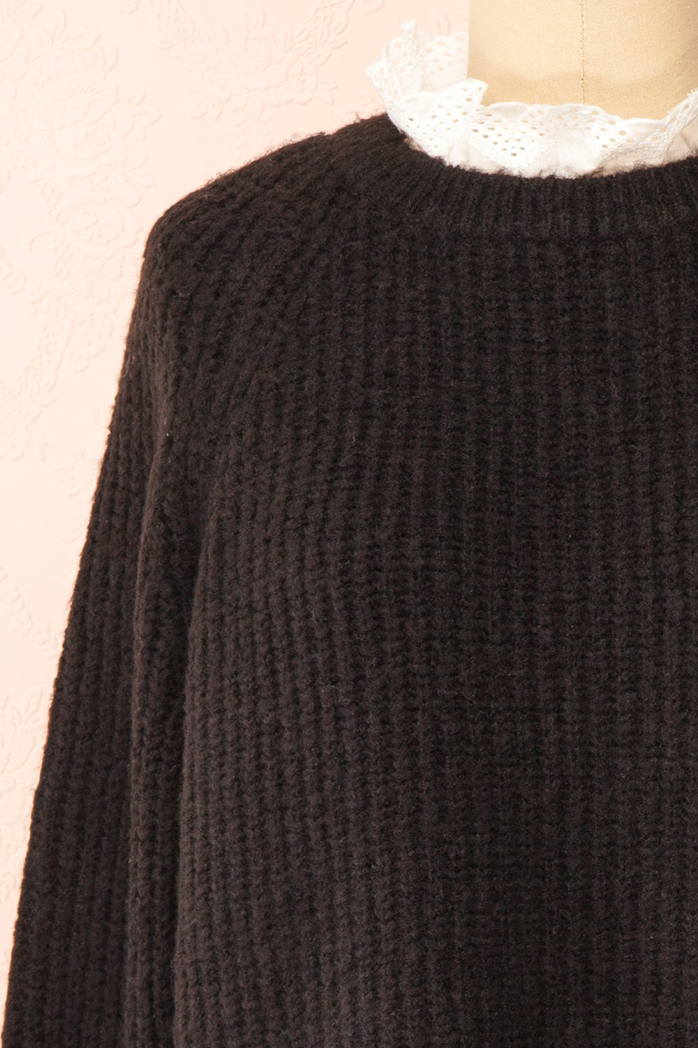 Eliona Black Sweater w/ Embroidered Openwork Collar | Boutique 1861 front close-up