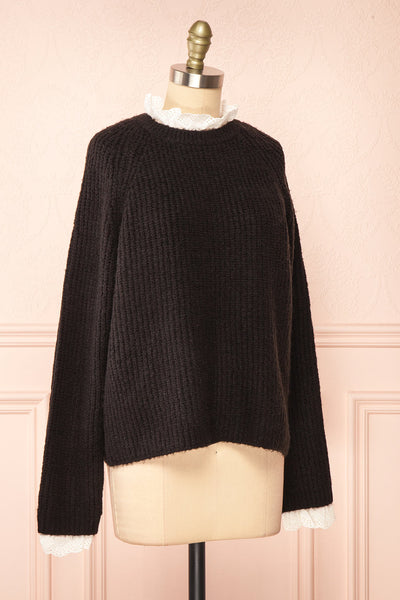 Eliona Black Sweater w/ Embroidered Openwork Collar | Boutique 1861  side close-up