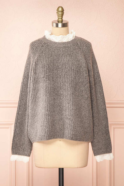 Eliona Grey Sweater w/ Embroidered Openwork Collar | Boutique 1861 front view