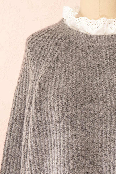 Eliona Grey Sweater w/ Embroidered Openwork Collar | Boutique 1861  front close-up