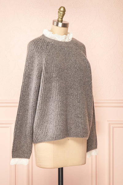 Eliona Grey Sweater w/ Embroidered Openwork Collar | Boutique 1861  side view