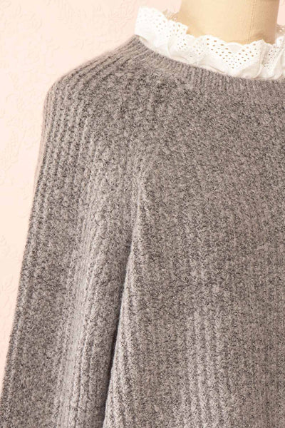 Eliona Grey Sweater w/ Embroidered Openwork Collar | Boutique 1861  side close-up