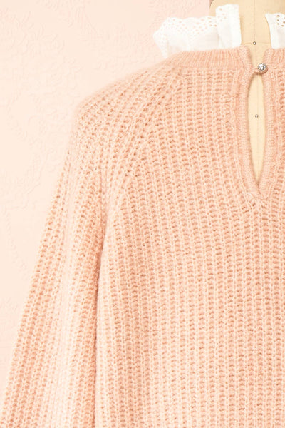 Eliona Pink Sweater w/ Embroidered Openwork Collar | Boutique 1861  back close-up