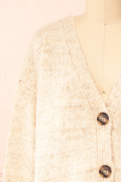 Elirian Beige Button-Up Knit Cardigan | Boutique 1861 front close-up