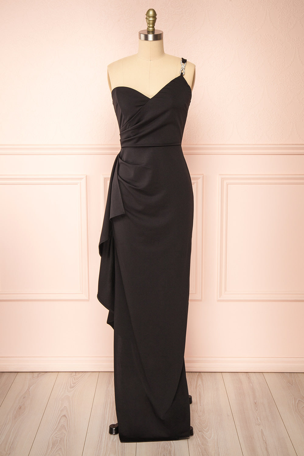 Elliot One-Shoulder Black Maxi Dress w/ Bow | Boutique 1861  front view