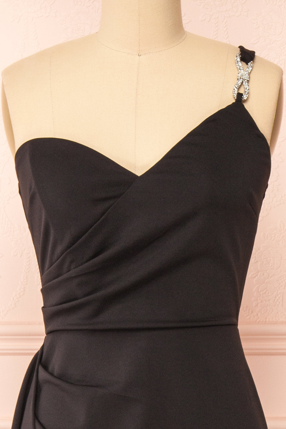 Elliot One-Shoulder Black Maxi Dress w/ Bow | Boutique 1861 front close-up