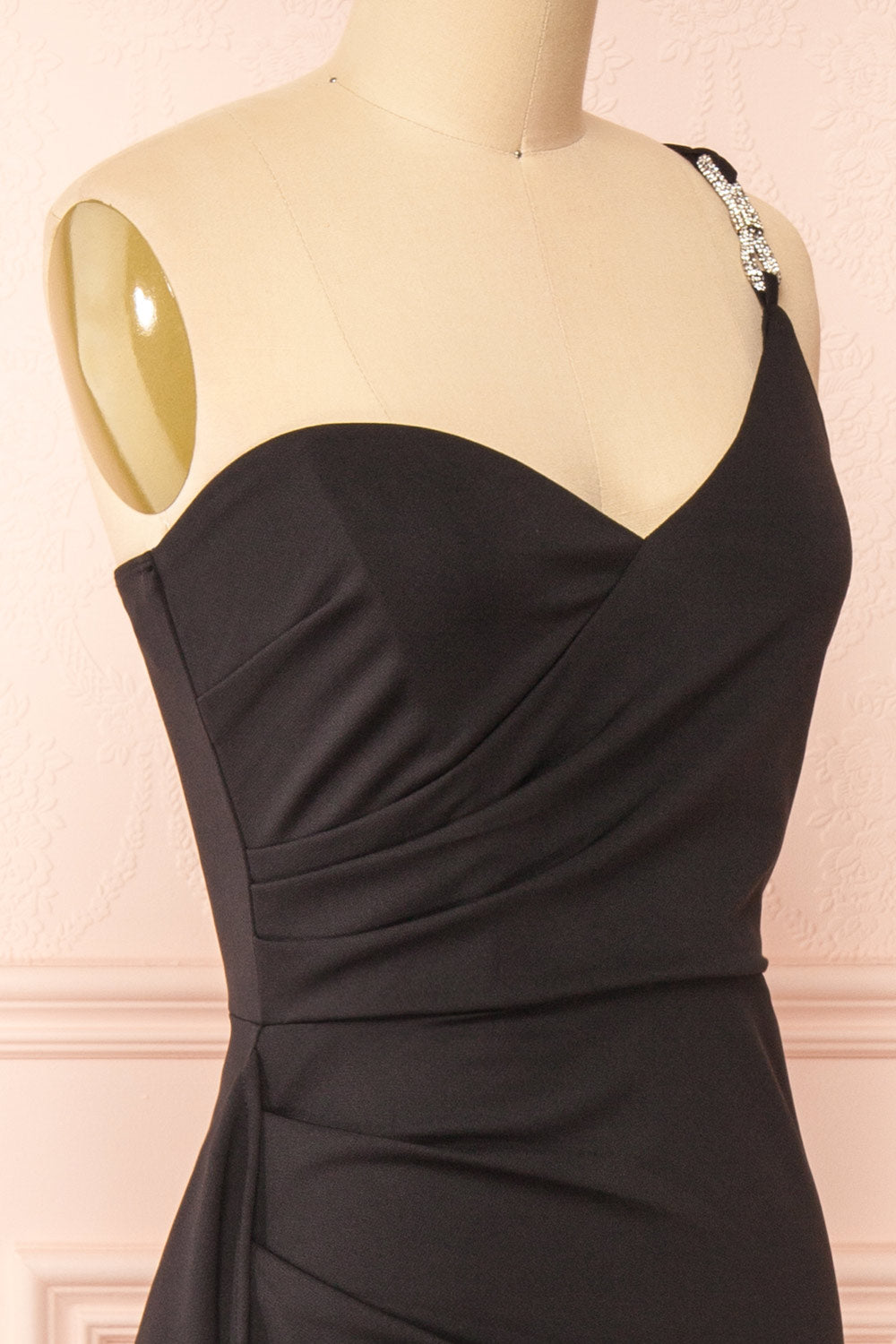 Elliot One-Shoulder Black Maxi Dress w/ Bow | Boutique 1861 side close-up