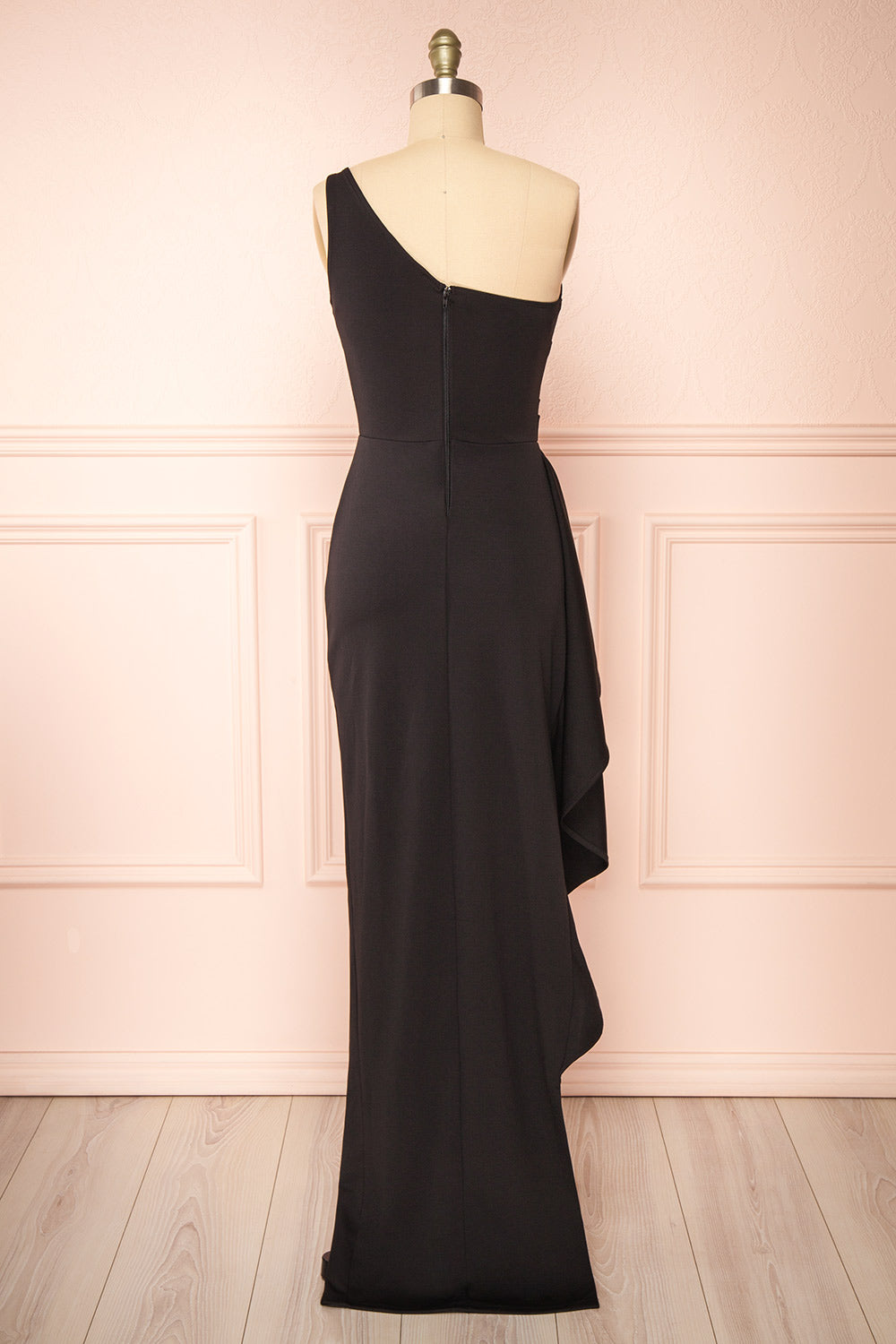 Elliot One-Shoulder Black Maxi Dress w/ Bow | Boutique 1861 back view