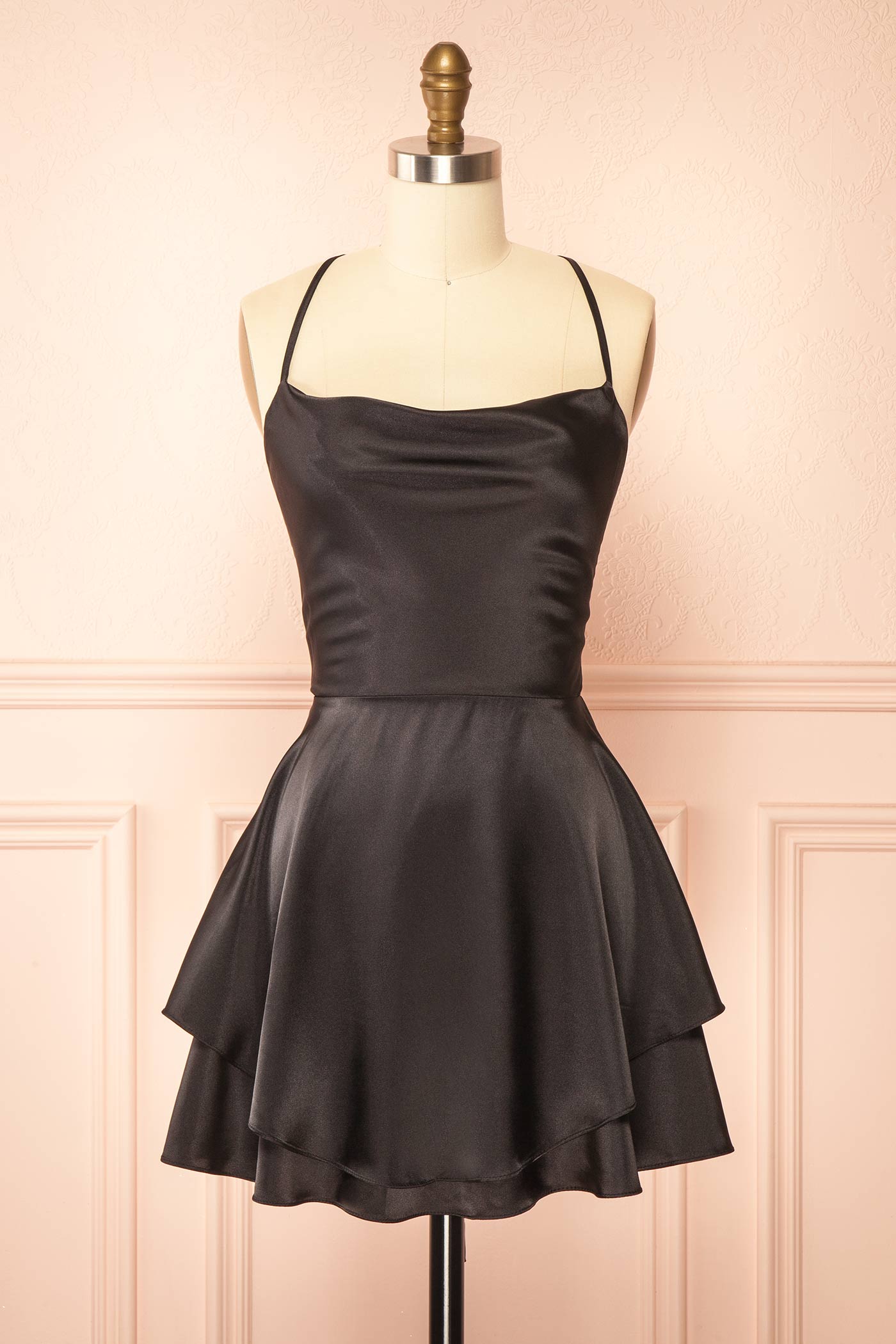 Ellya Black | Satin Short Dress with Lace-Up Back