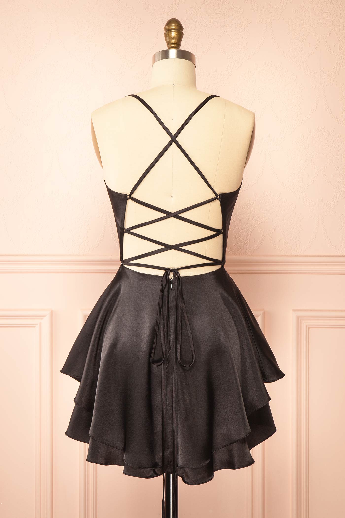 Ellya Black | Satin Short Dress with Lace-Up Back