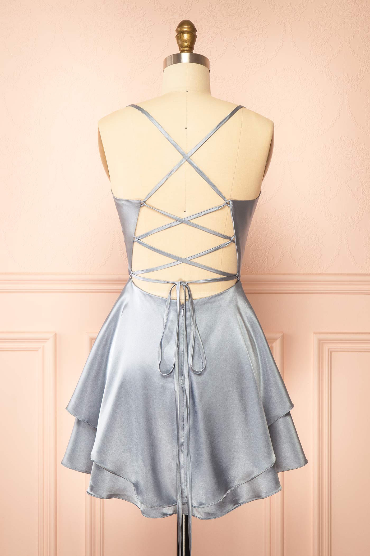 Ellya Blue | Satin Short Dress with Lace-Up Back