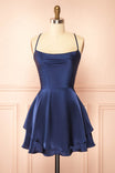 Ellya Navy | Satin Short Dress with Lace-Up Back front view
