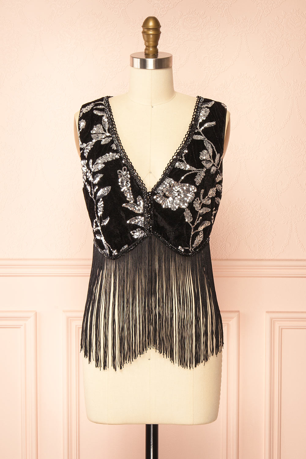 Elna Black Velvet Vest with Fringes | Boutique 1861 front view