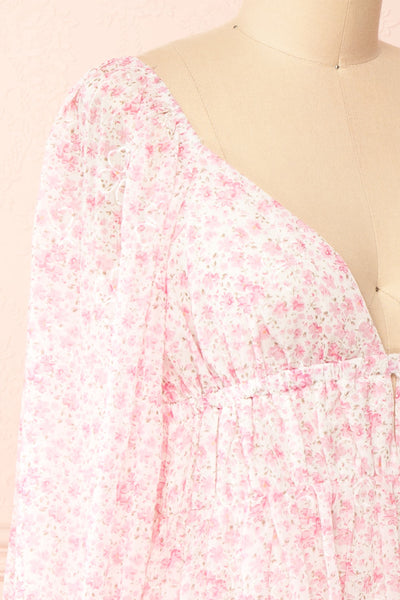 Elowen Short Pink Floral Dress w/ Plunging Neckline | Boutique 1861side close-up