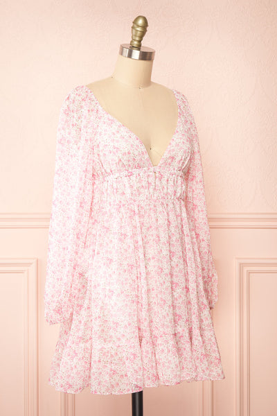 Elowen Short Pink Floral Dress w/ Plunging Neckline | Boutique 1861 side view