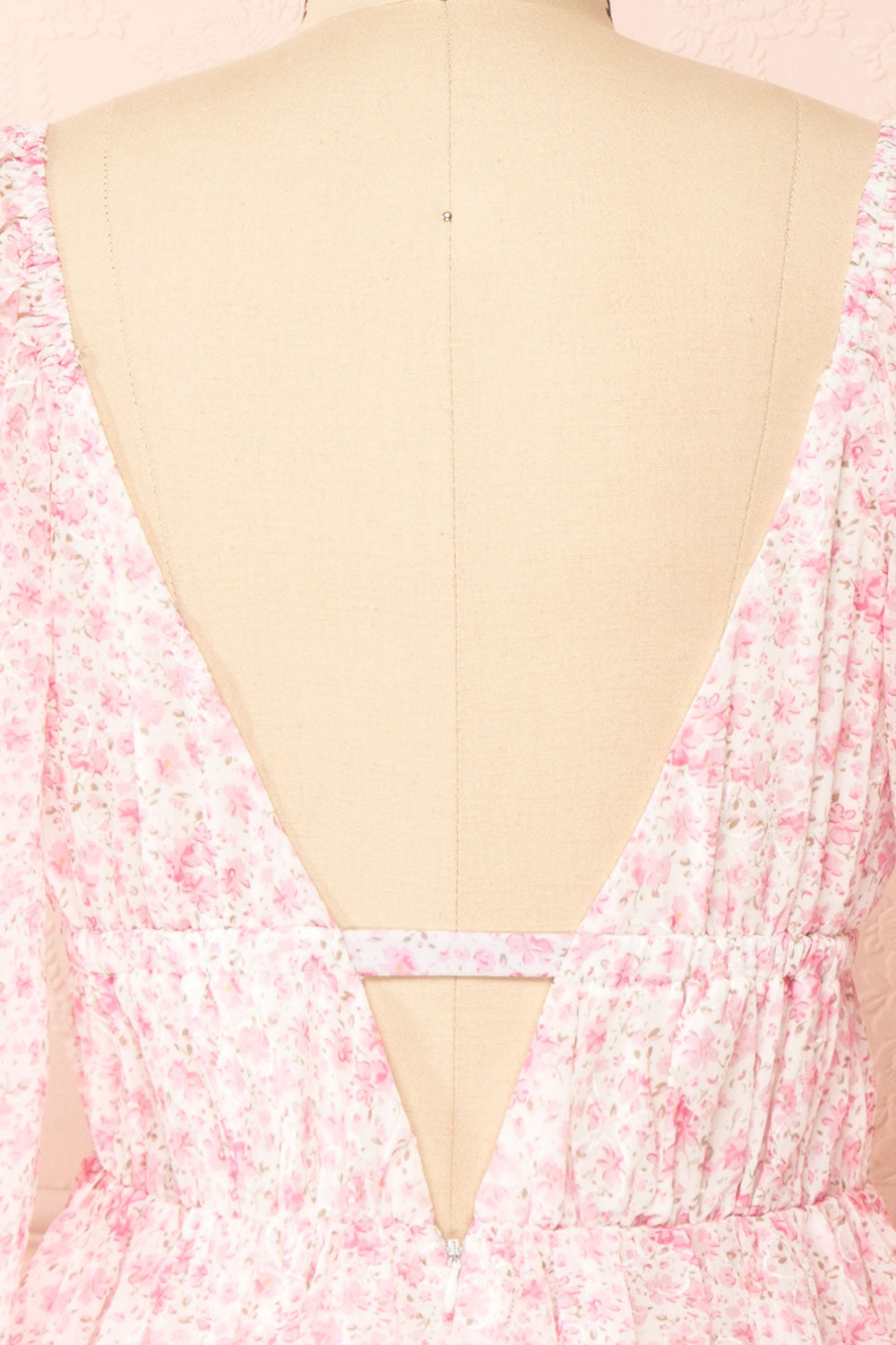 Elowen Short Pink Floral Dress w/ Plunging Neckline | Boutique 1861 back close-up