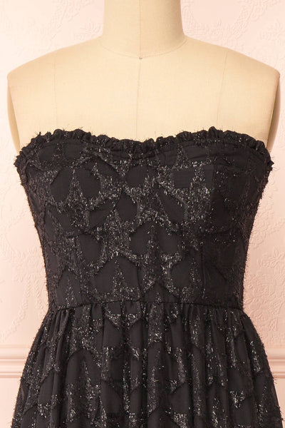 Elspeth Star Pattern Black Strapless Midi Dress | Boutique 1861 front close-up