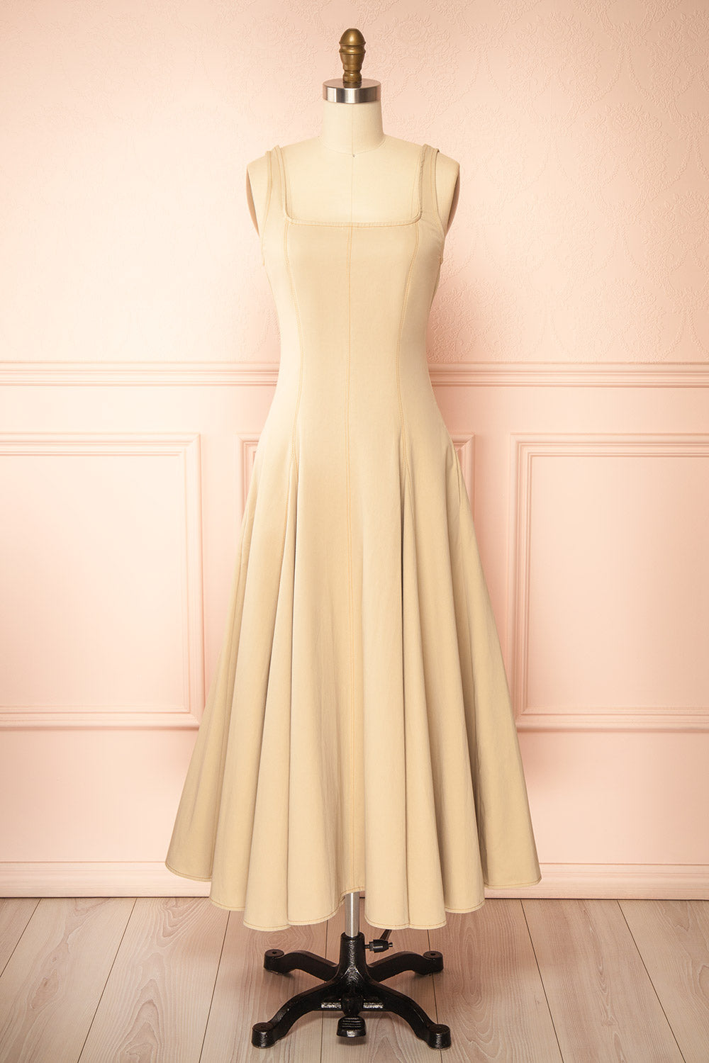 Elynor Beige Midi Dress with Pockets | Boutique 1861 front view