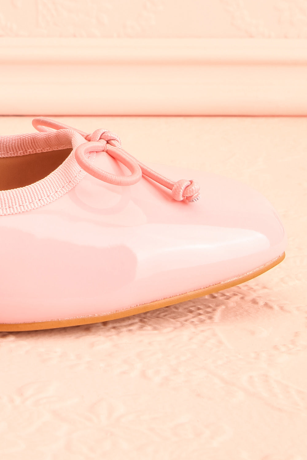 Elyria Pink Heeled Ballerina Shoes w/ Bow | Boutique 1861 sid efornt close-up