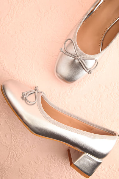 Elyria Silver Heeled Ballerina Shoes w/ Bow | Boutique 1861 flat view